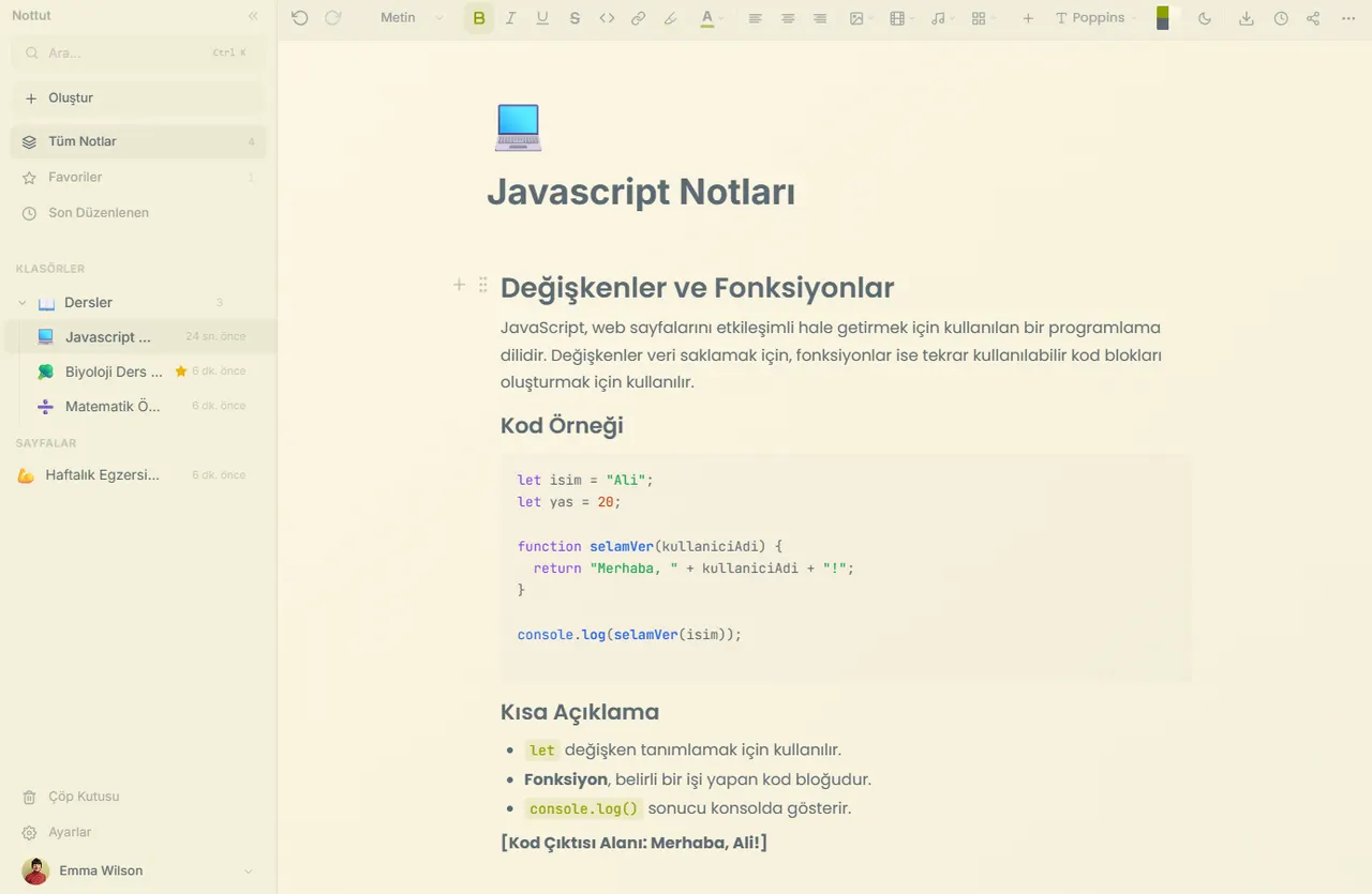 Nottut editör ekranı, görev kartı ve kod bloğu ile birlikte gösteriliyor